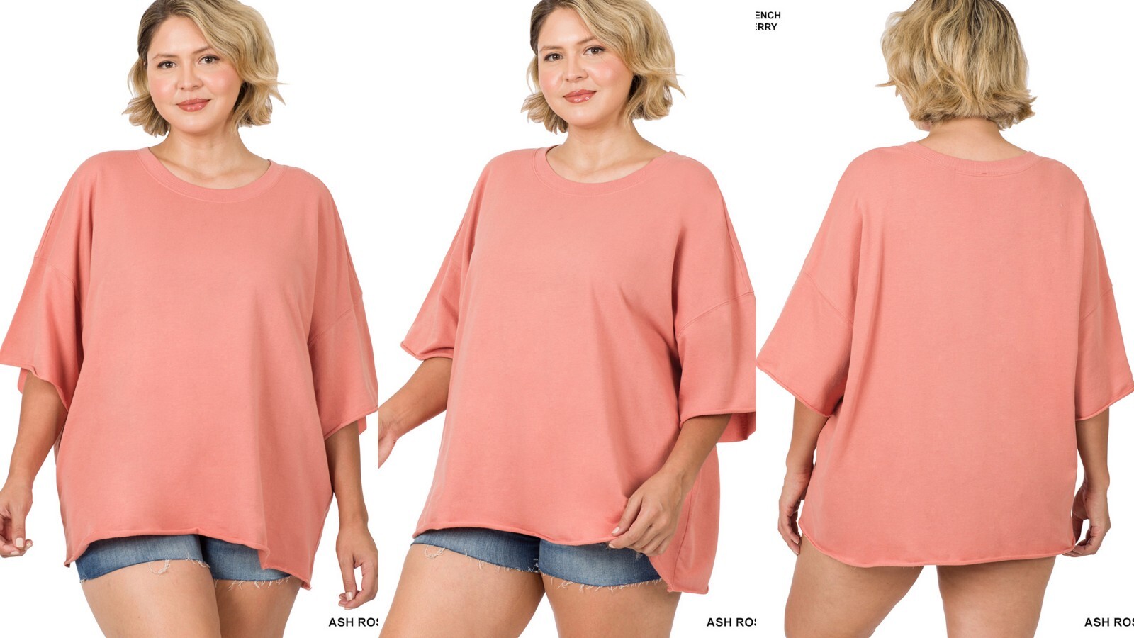 1X 2X 3X Plus Round Neck French Terry Raw Edge Top Short Sleeve Cotton T Shirt