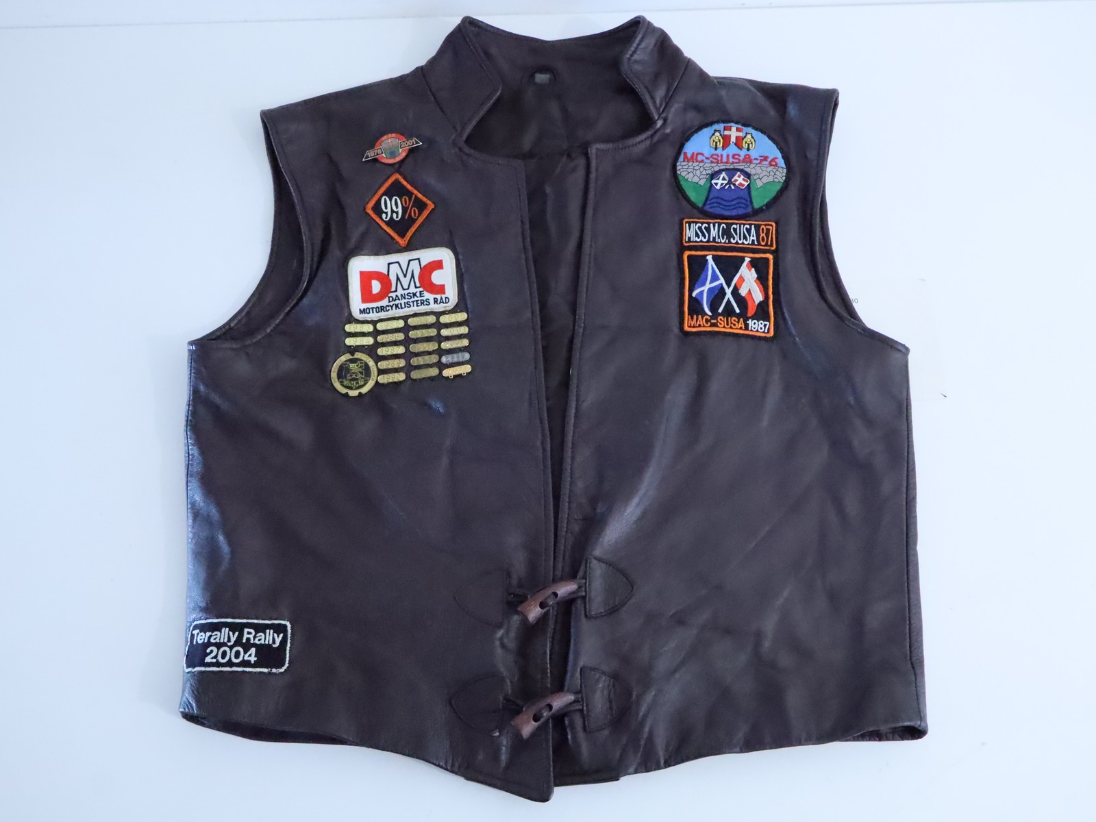 80s 90s Motorcycle Rally Worn Danish Scottish Highland Brown Leather Biker Vest