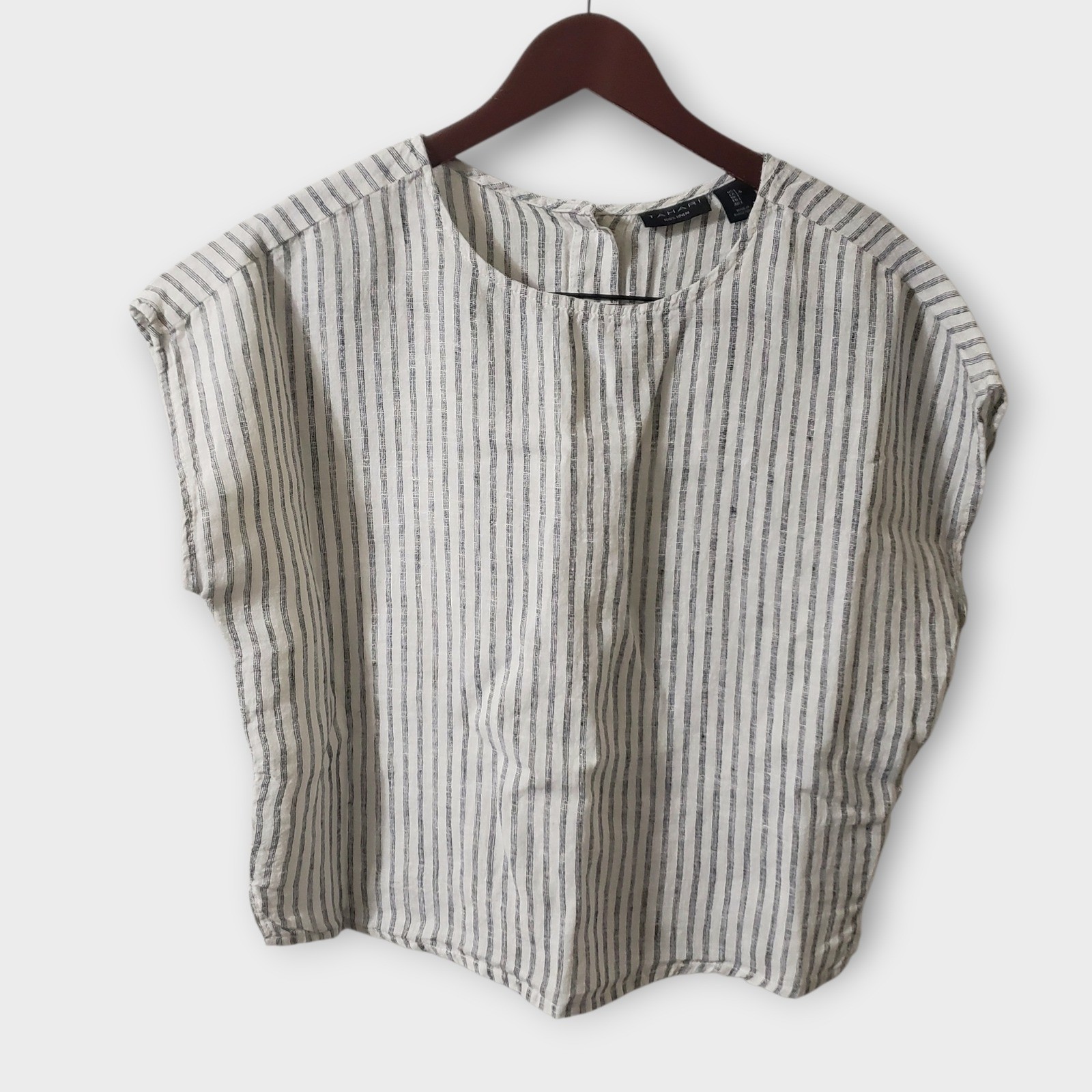 Tahari Linen Boxy Crop Top Cap Sleeve Button Decor White Black Stripe Large