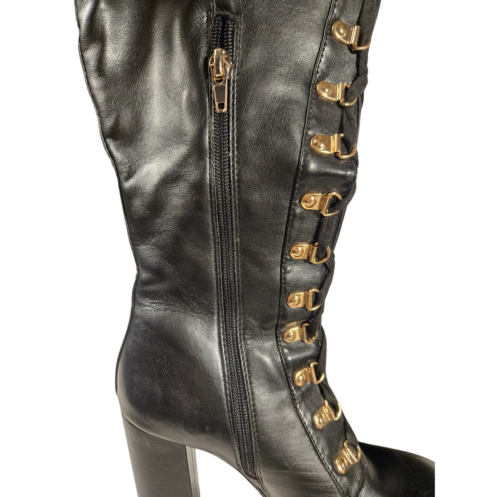 Eliza Womens Black Lace Up Knee High Combat Boots Gold Hardware Block Heel 7.5