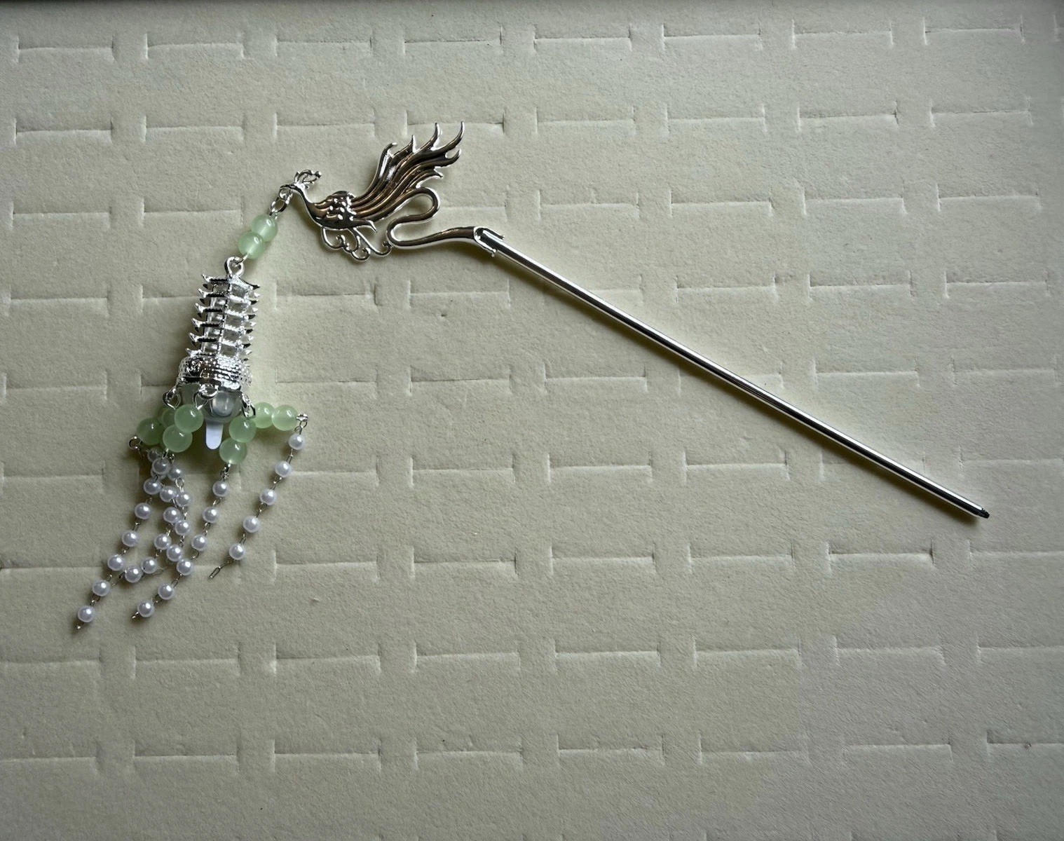 Luminous Silver Tone Metal Hair Stick Green Glass Beaded Dangle Charm Women