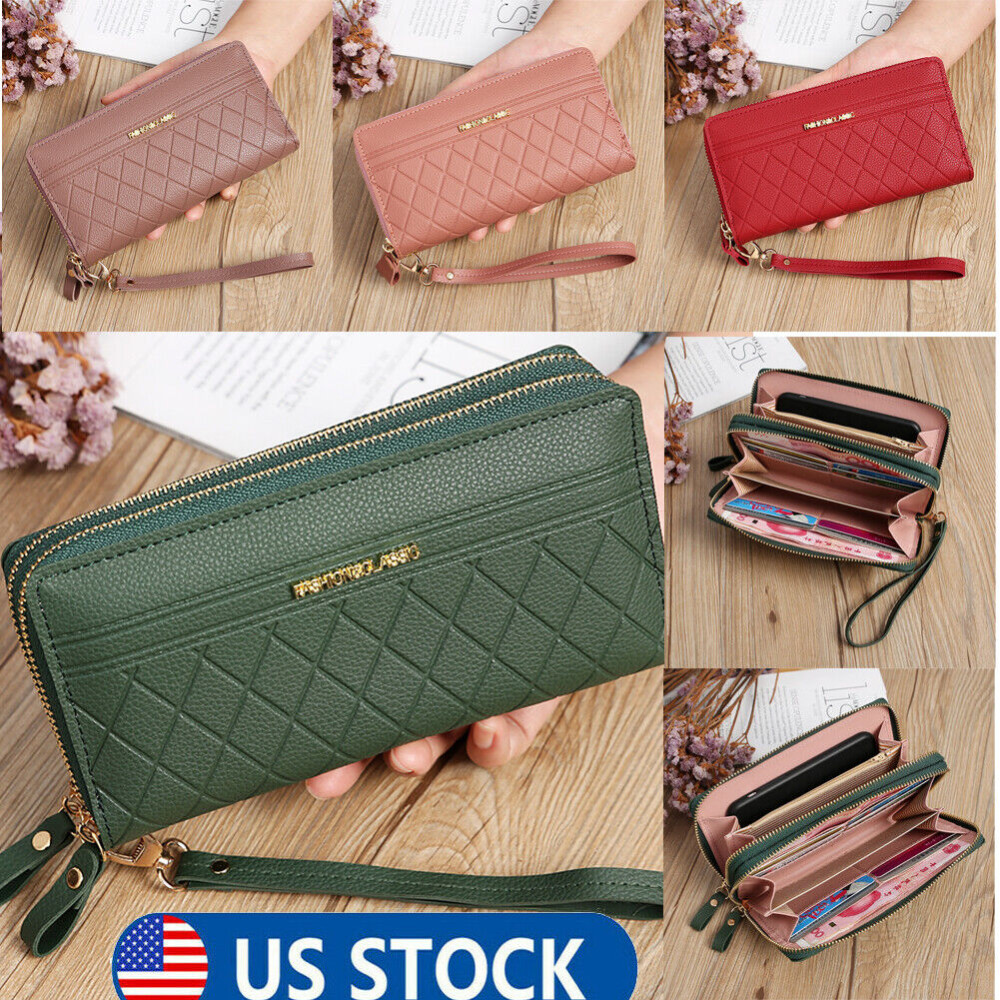 Women‘s Large Capacity Leather Wristlet Clutch Wallet Long Cell Phone Bag Zipper