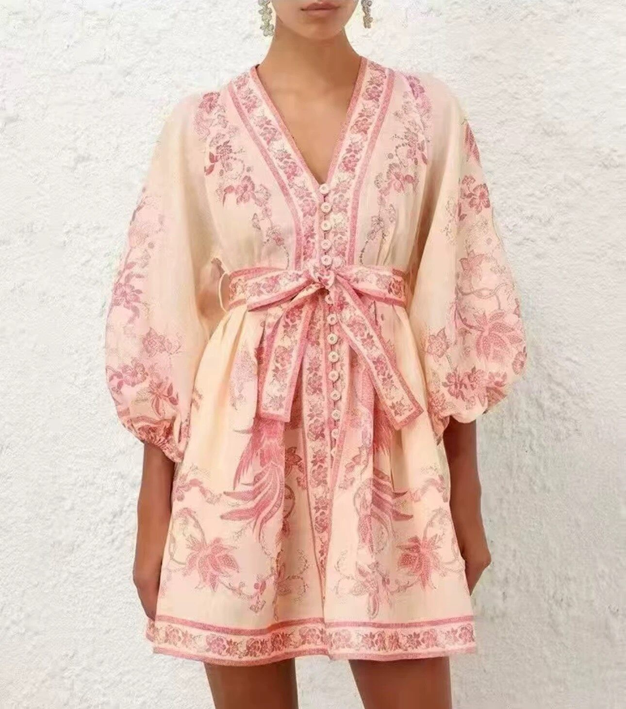NWT Zimmermann Summer Resort VNeck Lantern Sleeve Floral Print Belted Mini Dress