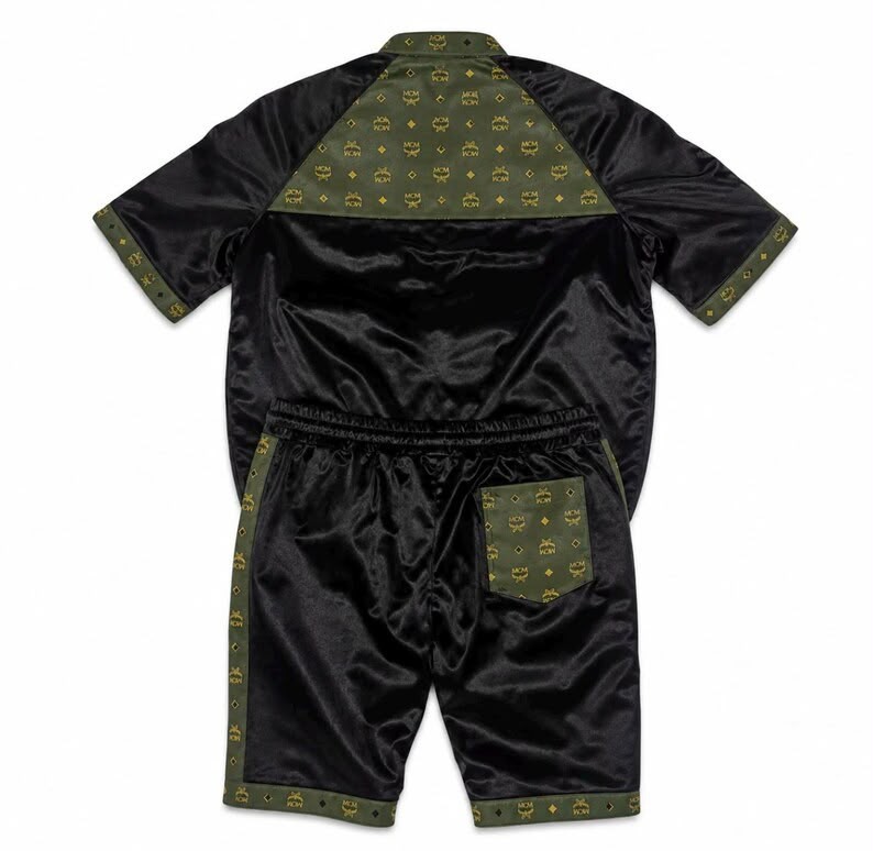 MCM Black Olive Leather Authentic Tracksuit Short-Sleeve Jacket, Shorts, and Hat