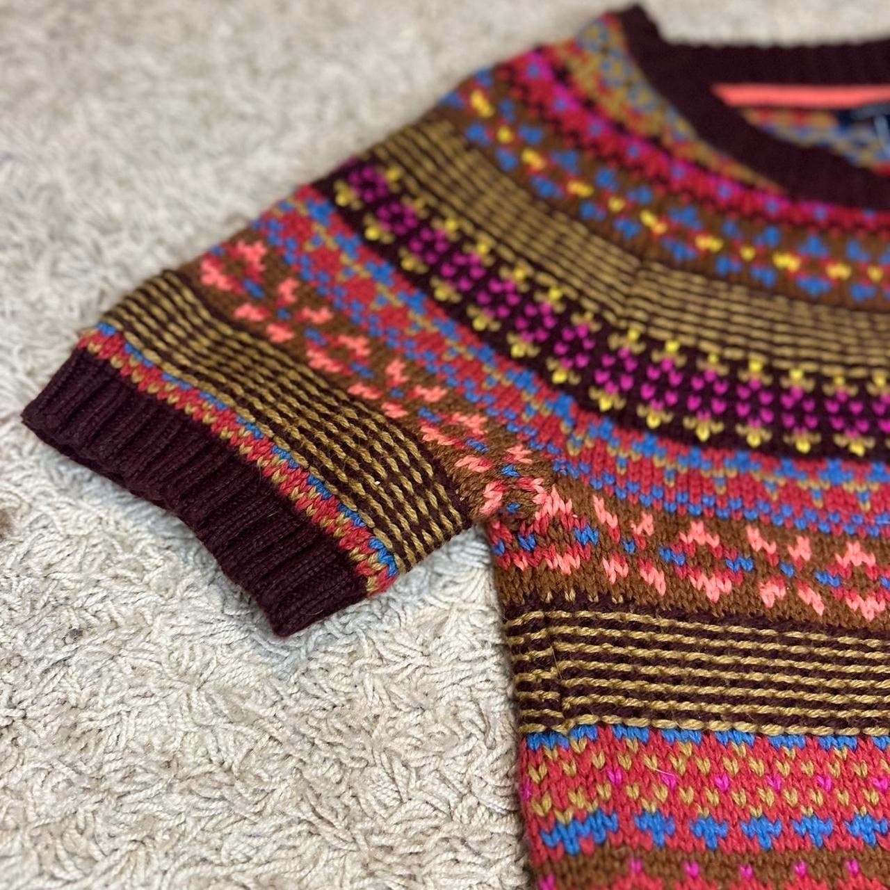 Tommy Hilfiger Womens Fair Isle Short Sleeve Sweater Burgundy Brown Knit Large