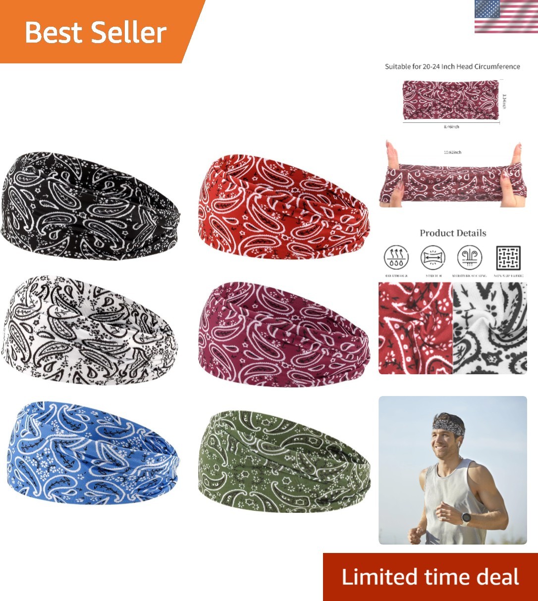 6Pcs Headbands Paisley Bandanas Head Bands Sweat Band Hair Wrap Headwrap Fashion