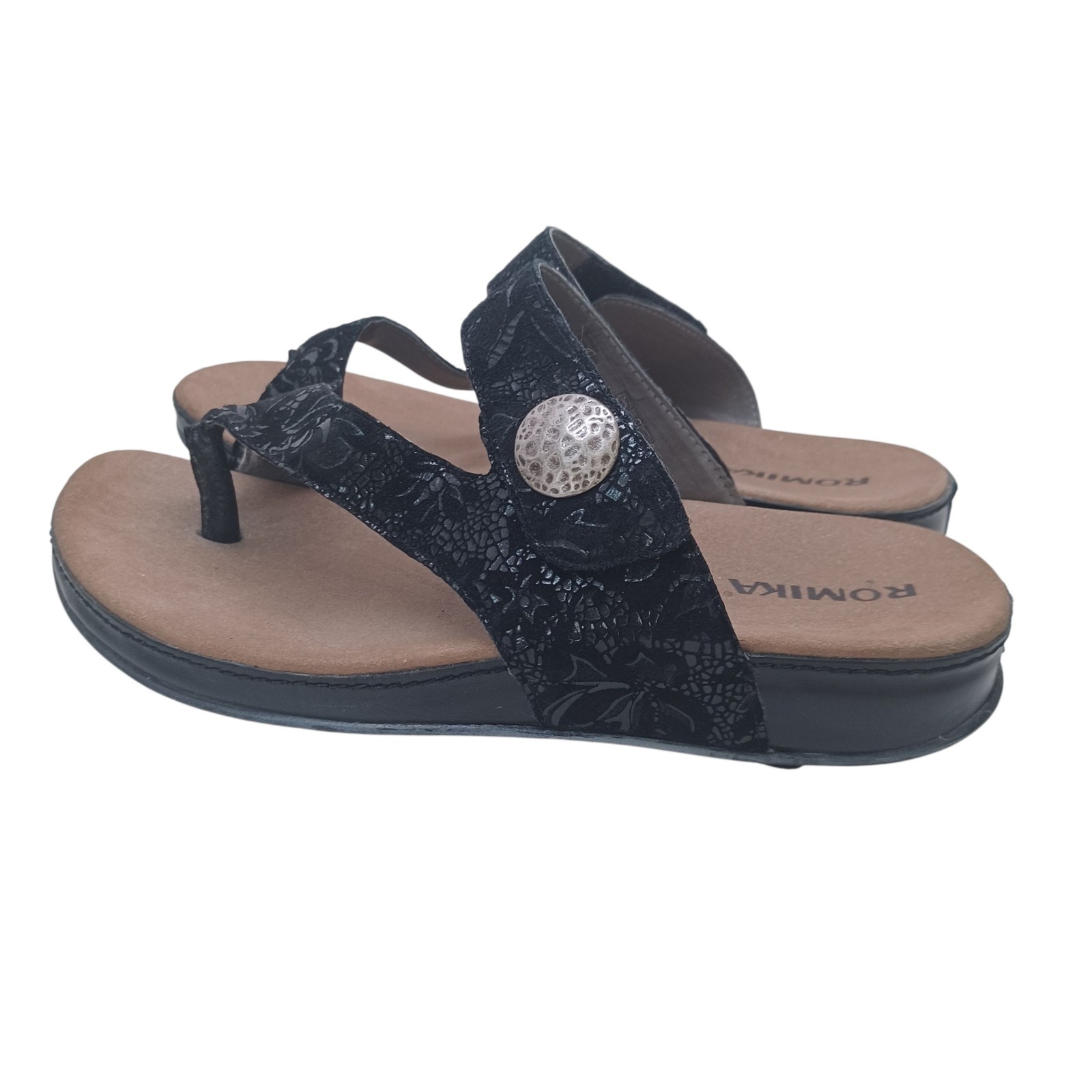 Romika Sandals Black Velvet Leather Comfort Wedge Germany Womens 38 or US 7.5