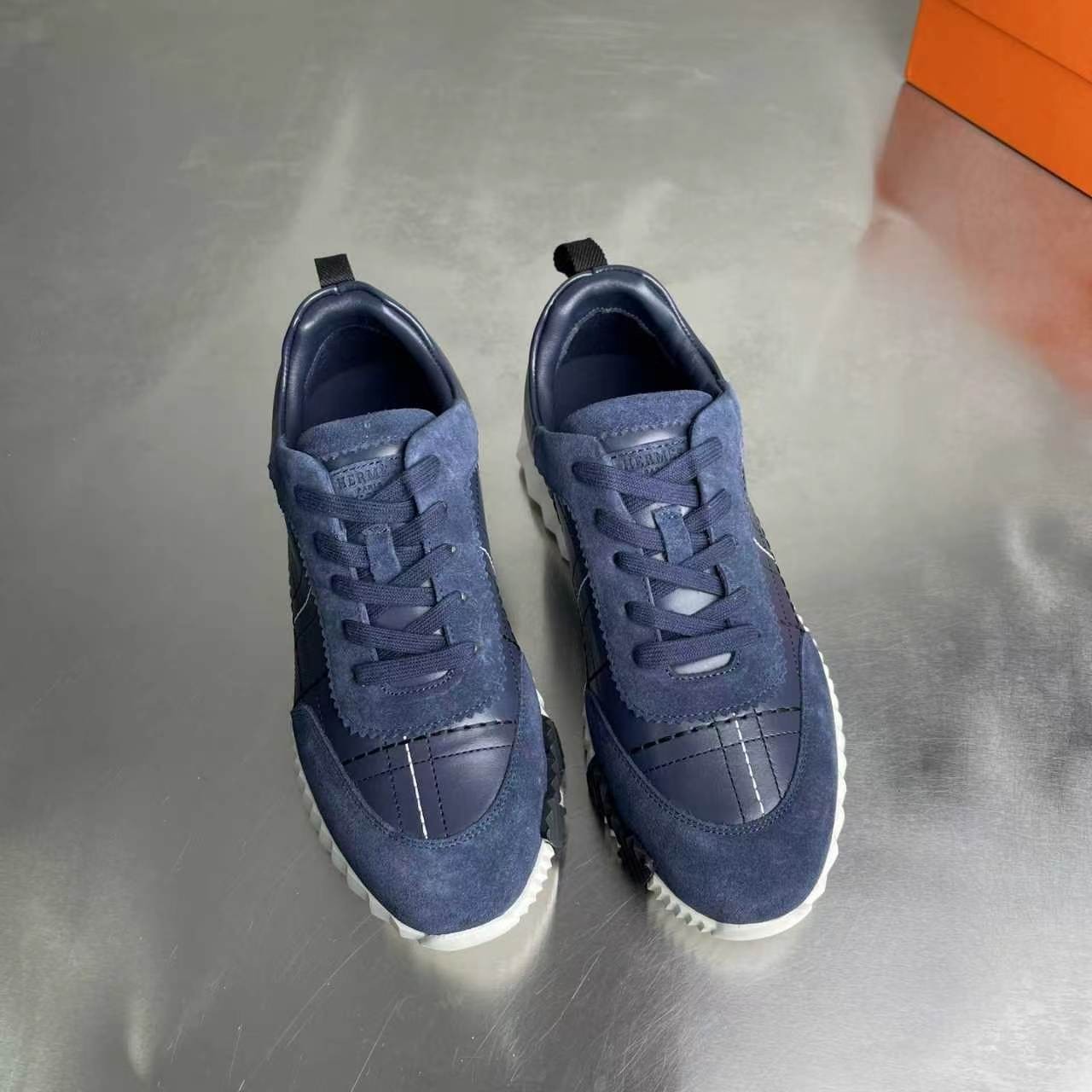 Hermes Bouncing Sneakers Navy Blue Leather Suede Men’s Low Top Trainers