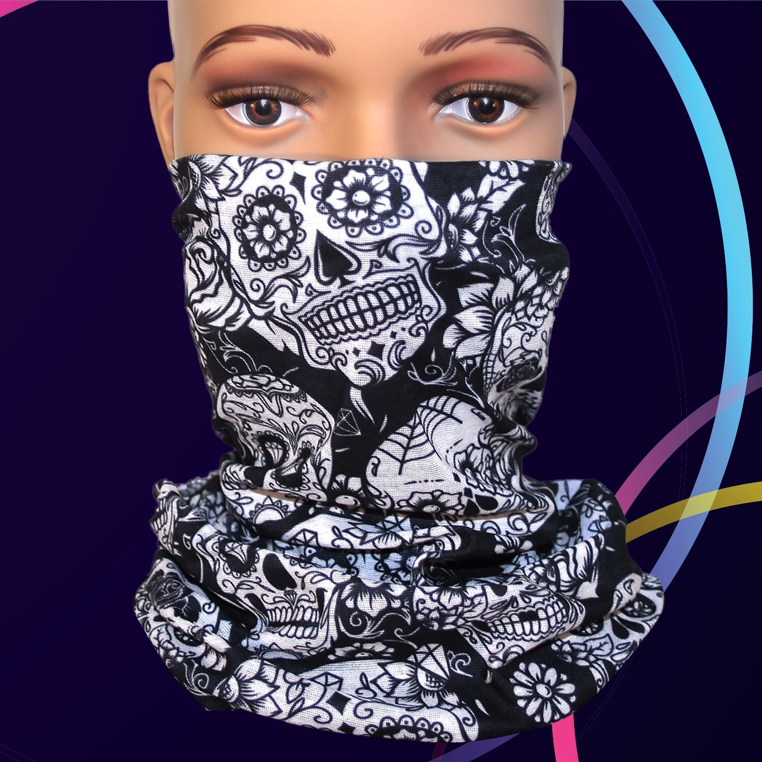 Sugar Skull Headscarf Tube Biker Face Cover Mask Neck Gaiter Bandana Balaclava