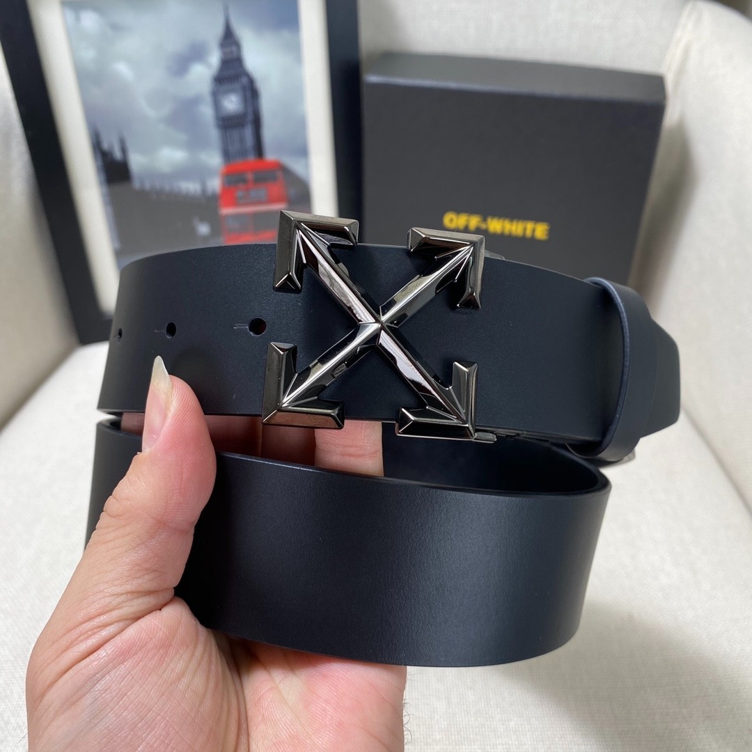 Authentic Off-White Men’s Leather Belt 3.8cm/1.5″ Width Dark Black/New
