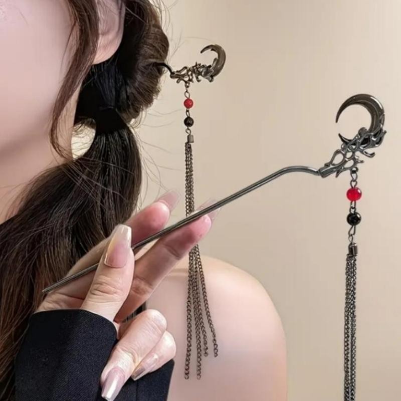 Retro Style Gray & Khaki Crescent Moon Chinese Hairpin Size 17 Cm