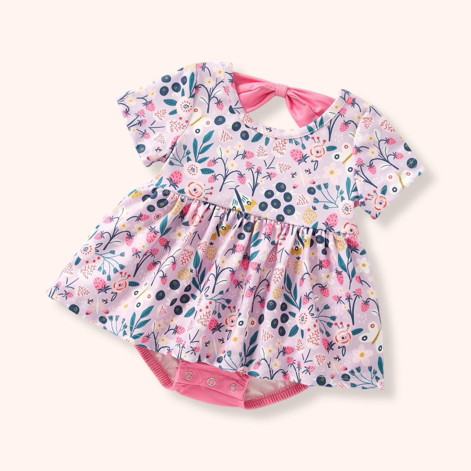 Pete and Lucy Floral Cotton Romper Bodysuit Short Sleeve Snap Bow 6-9M