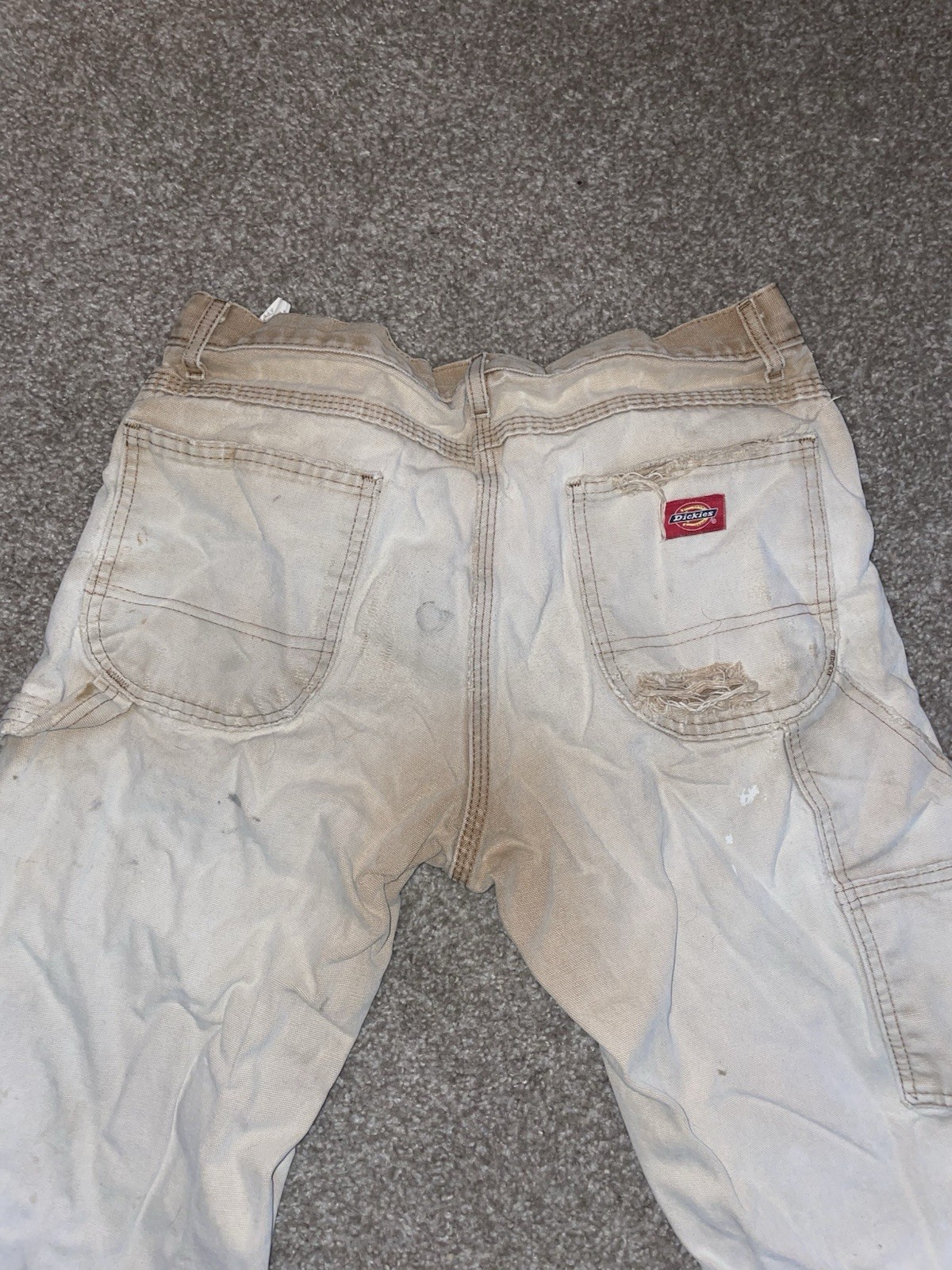 Distressed Dickies Men’s Beige Canvas Workwear Pants Straight Leg 30×34