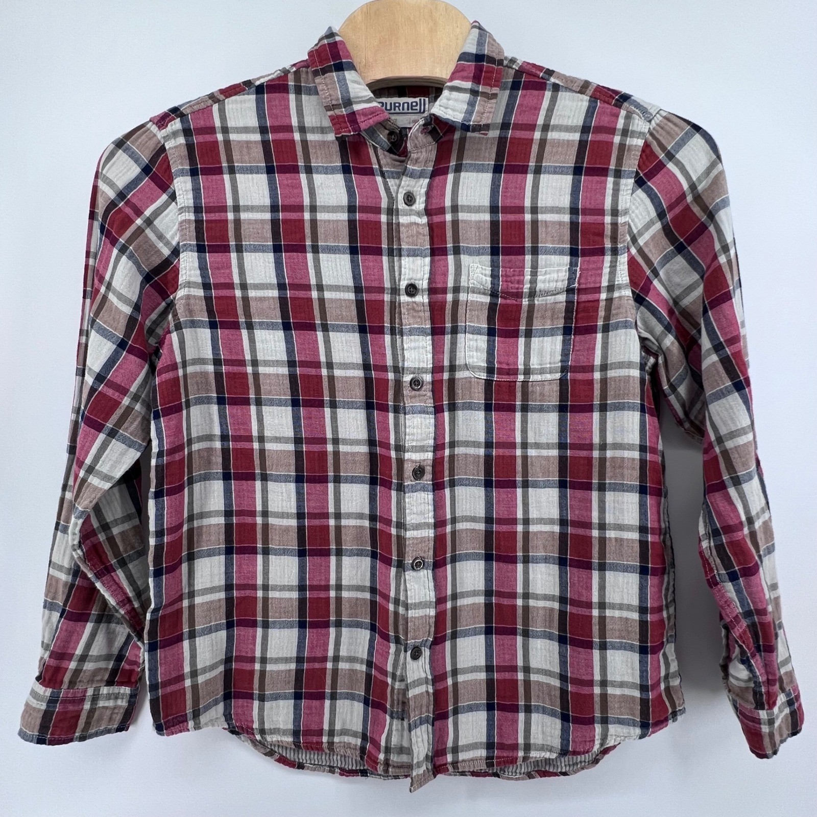 Purnell Women Large Red Plaid Button Down Shirt Long Sleeve 2-layer Cotton/Gauze