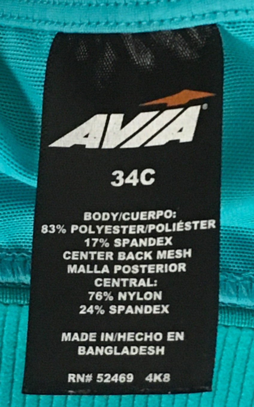 Avia Sports Bra Size 34C Blue Black Racer Back Pull On Padded Wireless