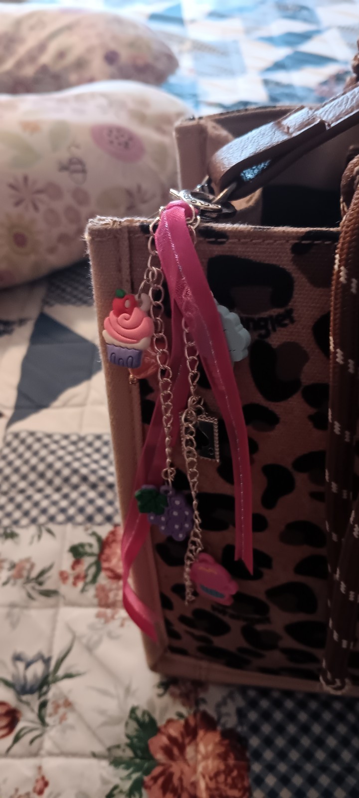 Pink Cupcake & Ribbon Charm Key Chain Bag Charm Silver Chain Food & Drink