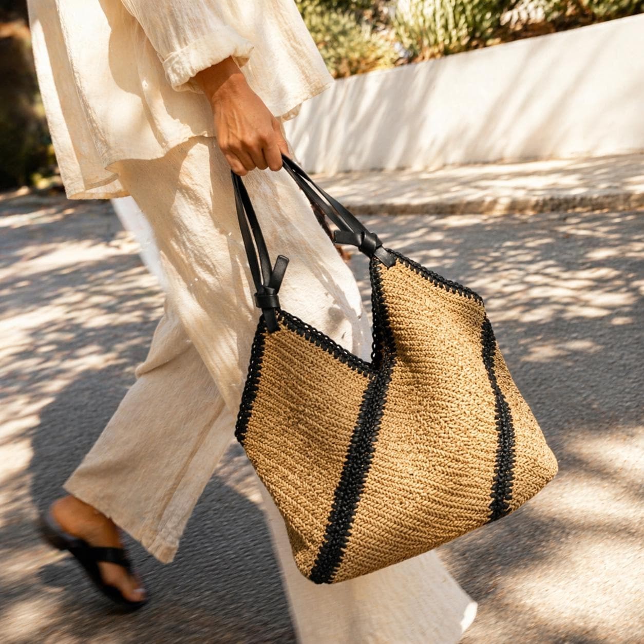 Woven Straw Tote Bag Geometric Raffia Beach Purse Boho Shoulder Handbag