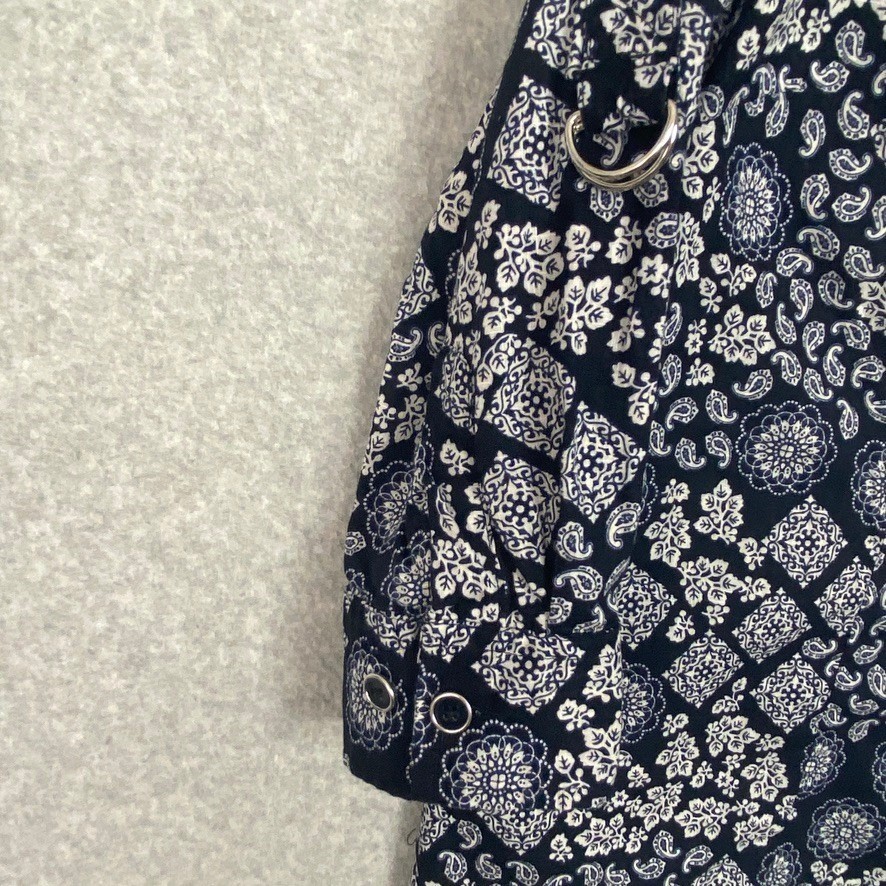 Karen Scott Top Womens Medium Navy Paisley Roll Tab Sleeve Button Up Shirt Boho