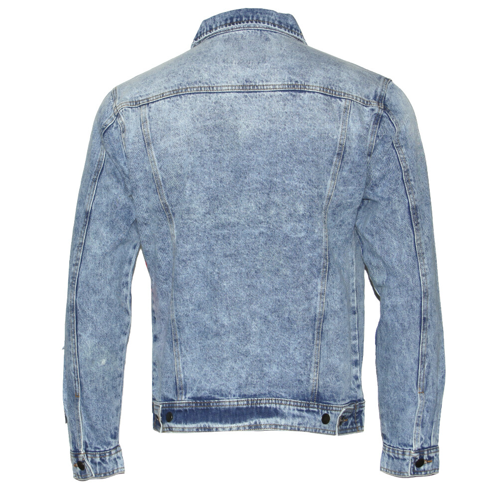 Mens Denim Jean Jacket Faded Premium Cotton Button Up Slim Fit Red Label