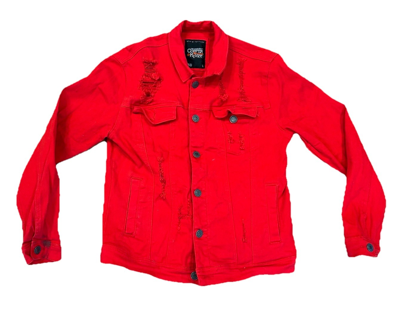 Copper Rivet Denim Jacket Mens Large L Red Distressed Ripped Jean Trucker Coat