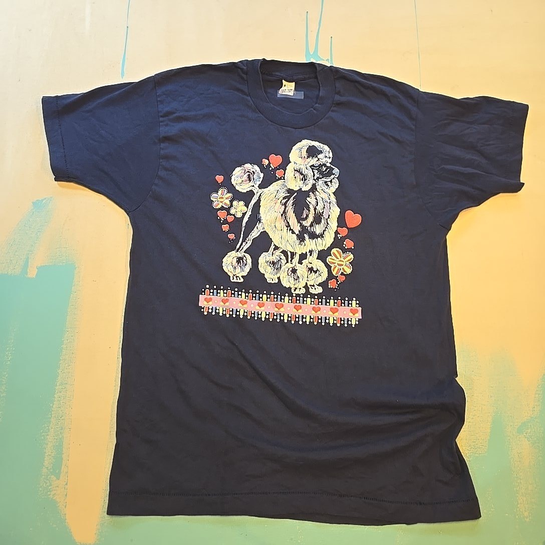 VTG Single Stitch Poodle Hearts T-Shirt Screen Stars XL Navy USA Flowers 1980s