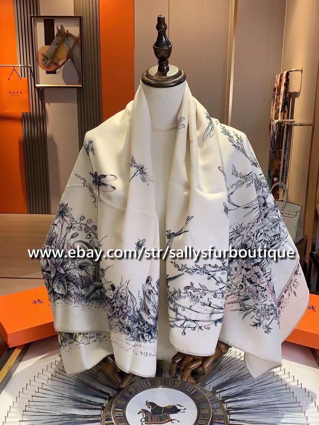 Sallys 75% Cashmere 25% silk Wrap Scarf Dragonfly Print Double Face Shawl 53″