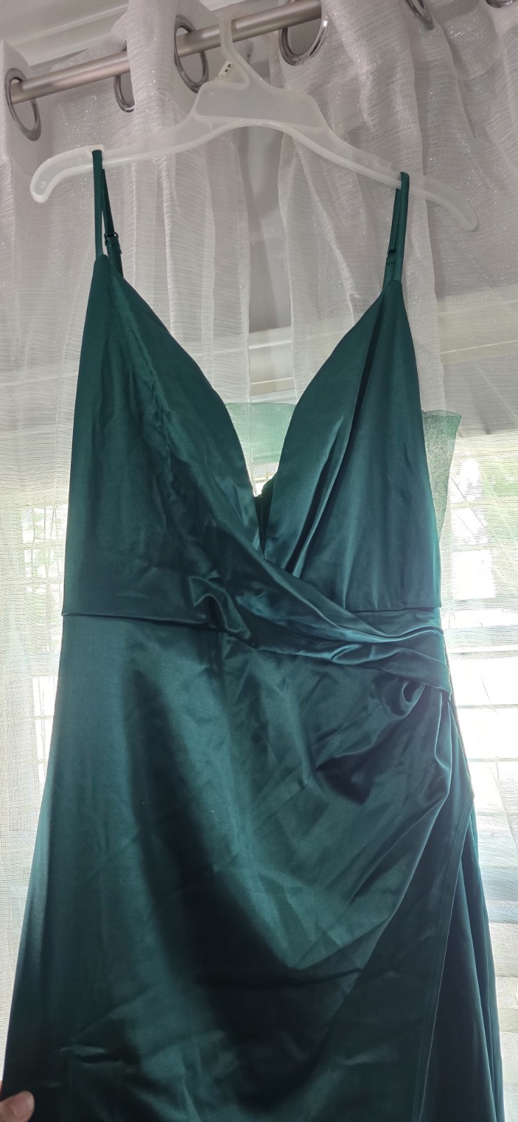 Windsor Green Satin Ruched V-Neck Spaghetti Straps Long Ball Gown Dress M
