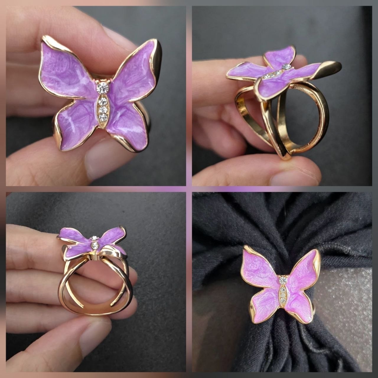 Purple Butterfly Scarf Ring Clip Gold Tone Crystal Hijab Scarf Buckle Accessory