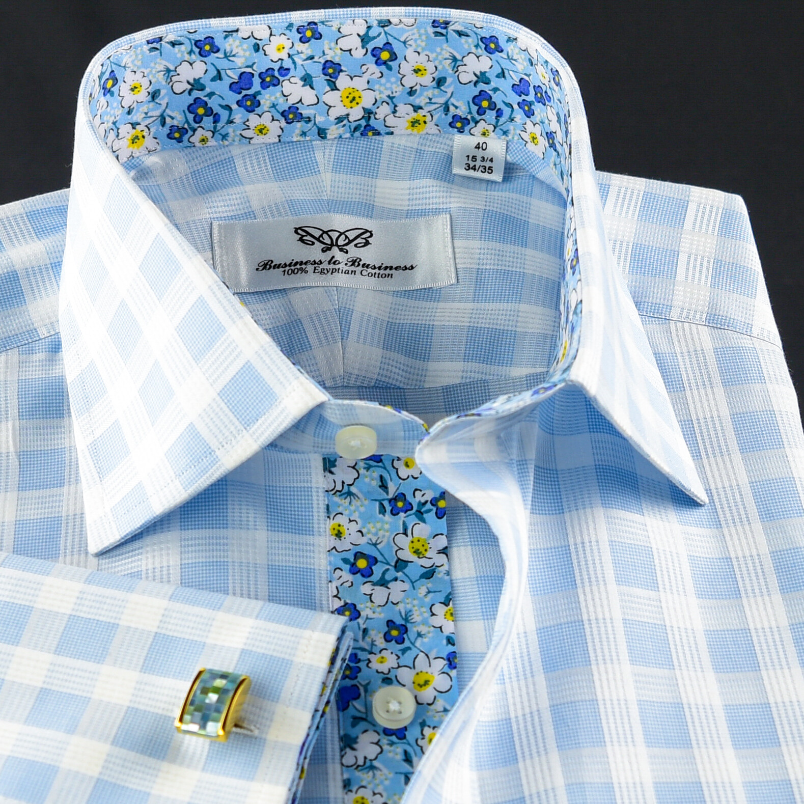 Blue Check Formal Business Dress Shirt Wih Cool Floral Inner Lining French Cuffs