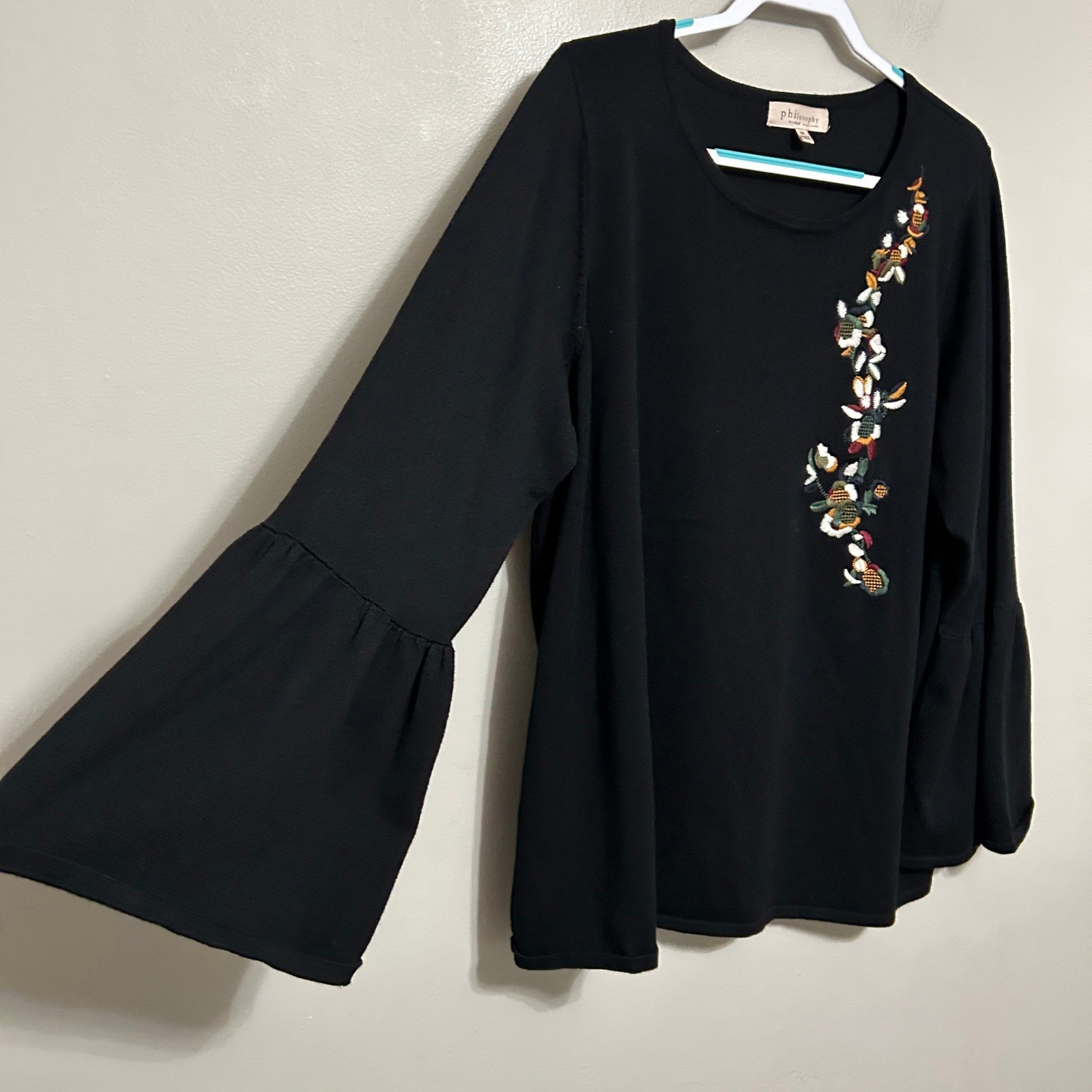 Philosophy Knit Top Womens 2X Black Floral Embroidered Bell Sleeve Cottagecore