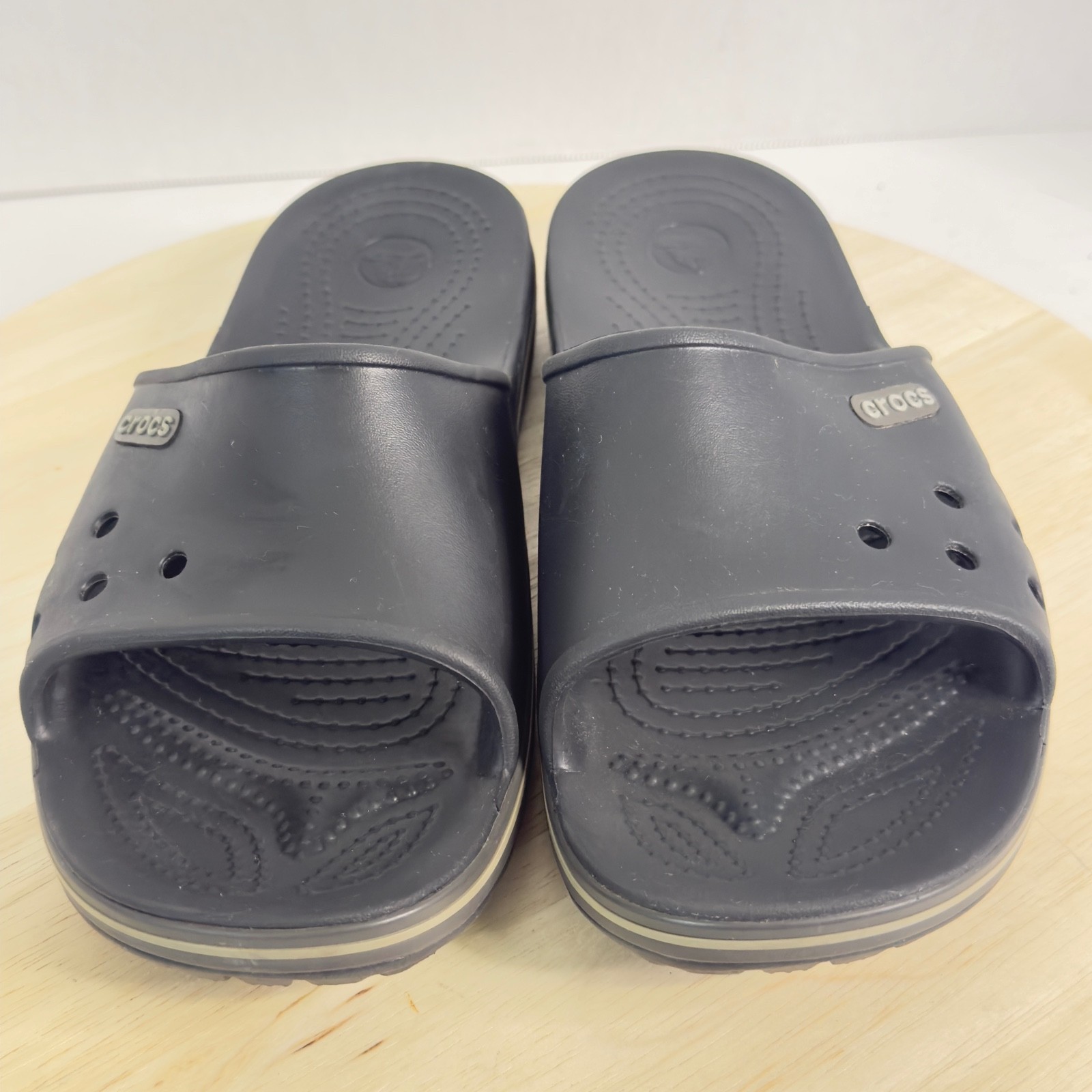 Crocs Unise Bayaband Slides Sandals White Stripe Logo Slip-On Women 12 Men 10