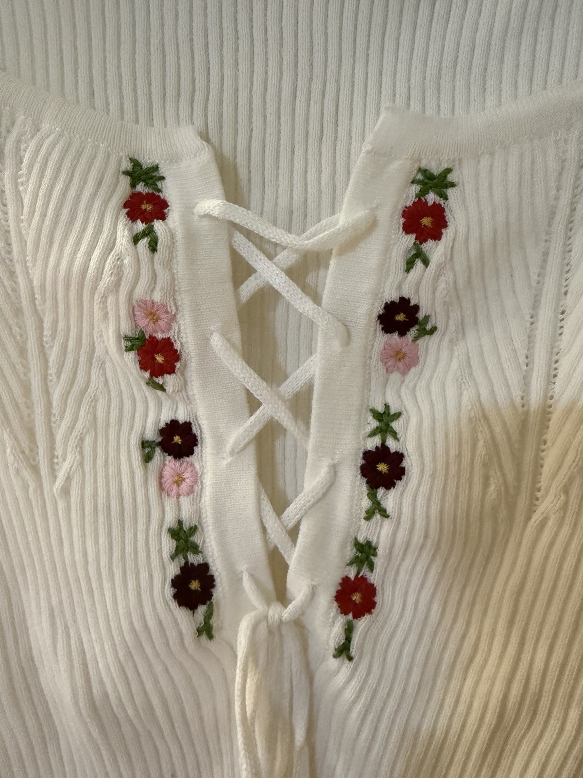 Cider Cream Ribbed Lace-Up Crop Top with Floral Embroidery