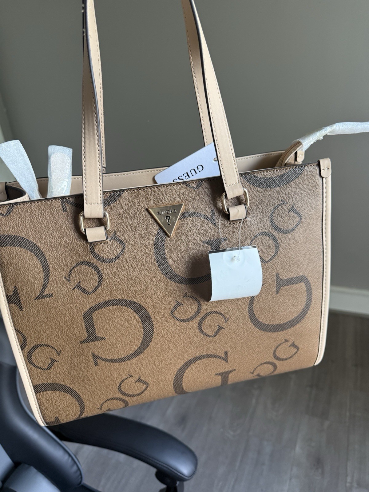 GUESS Large Brown Monogram Tote Beige Double Handles Open Top Gold Hardware