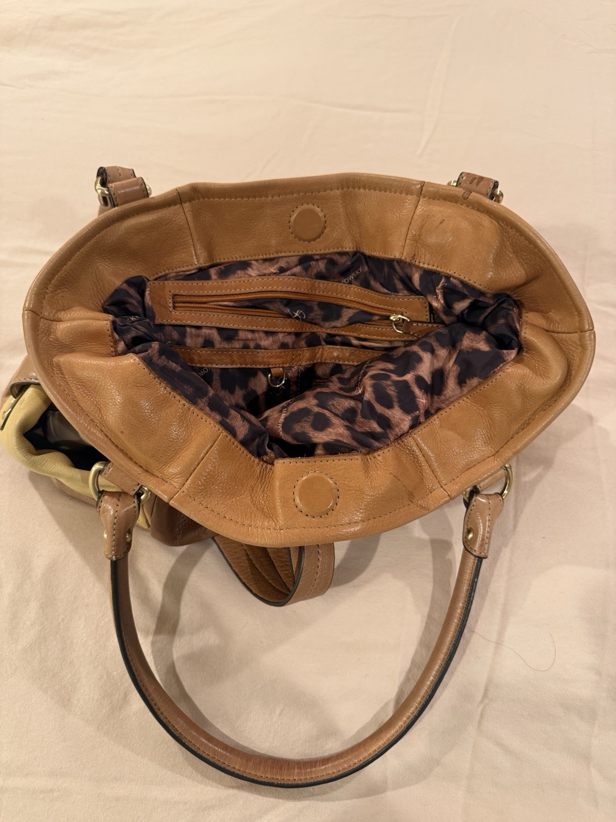 B. Makowsky Medium Satchel Top Handle Brown Tan Yellow Animal Print Lining