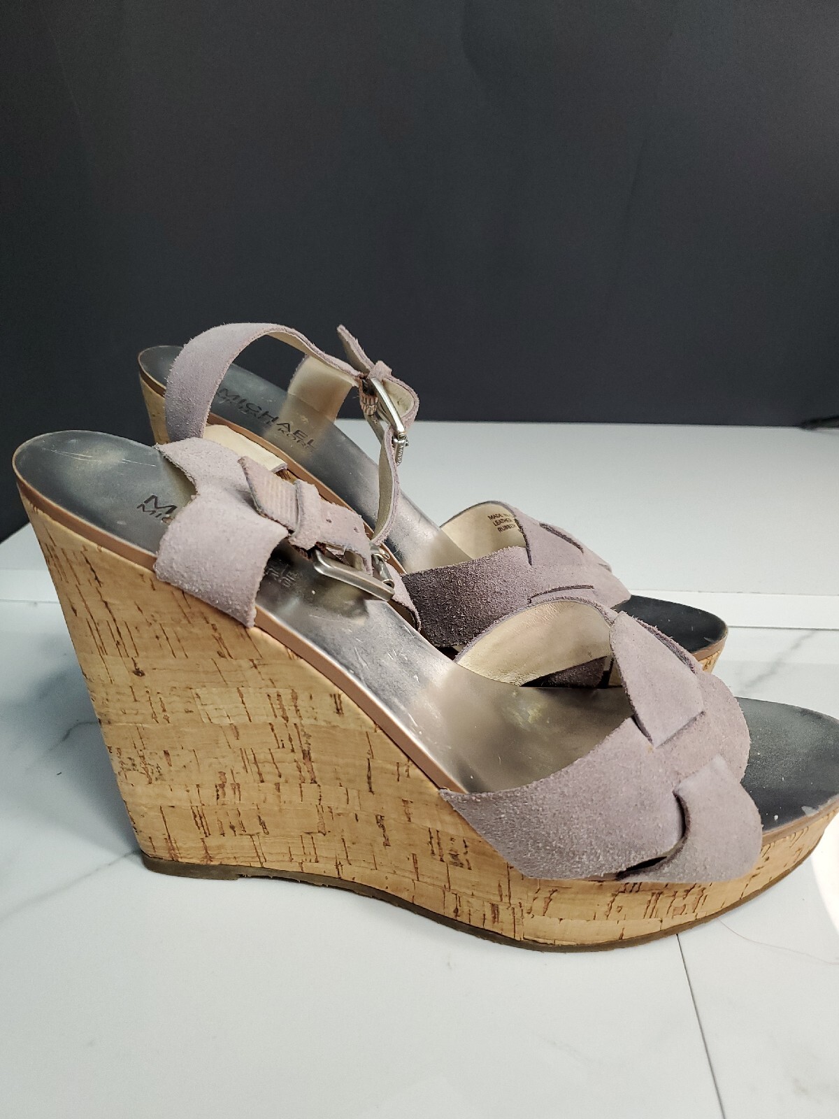 Michael Kors Strappy Leather Peony Pink 4.8″Heels Wedge Corks Bottom Sandal 8M