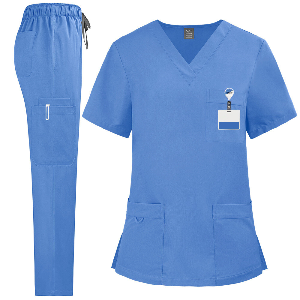 2pcs/set Medical Uniform Nursing Scrub Men Women V-Neck Straight Multi-pocket