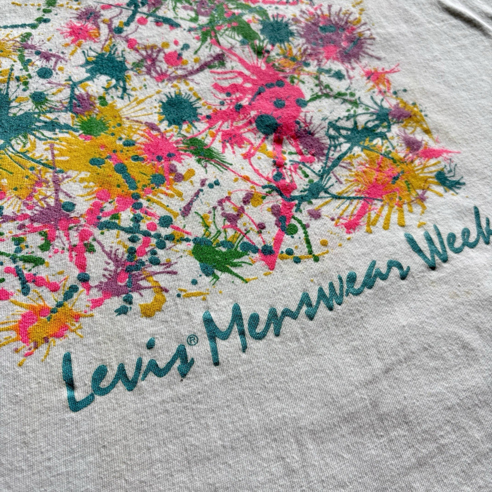 Vtg 1987 Levis Menswear Week Tshirt Mervyns Promo Neon Splatter Single Stitch XL