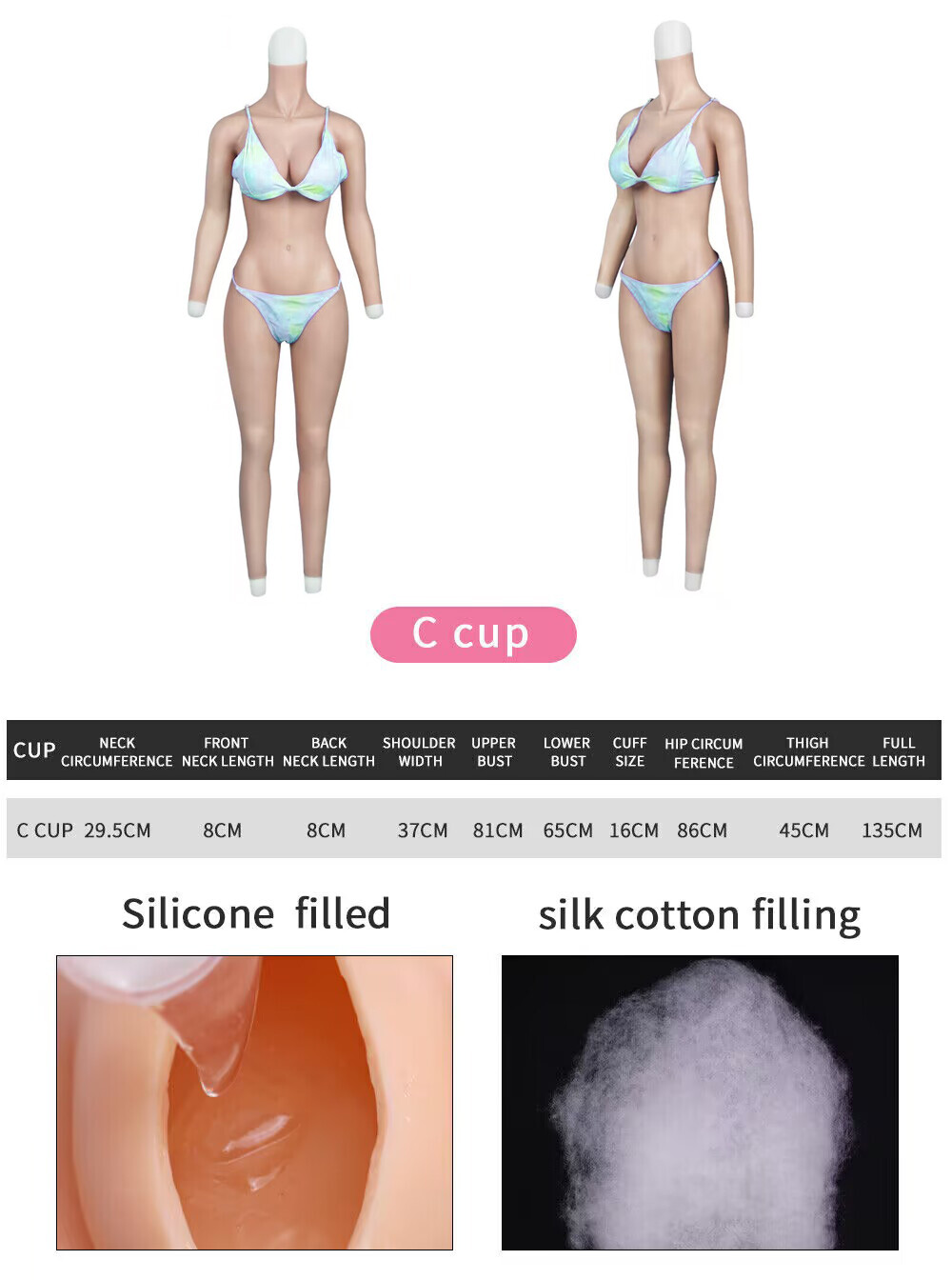 Silicone Breast Forms Body Suits Realistic C Cup with Arms Fake Vaginas Tights