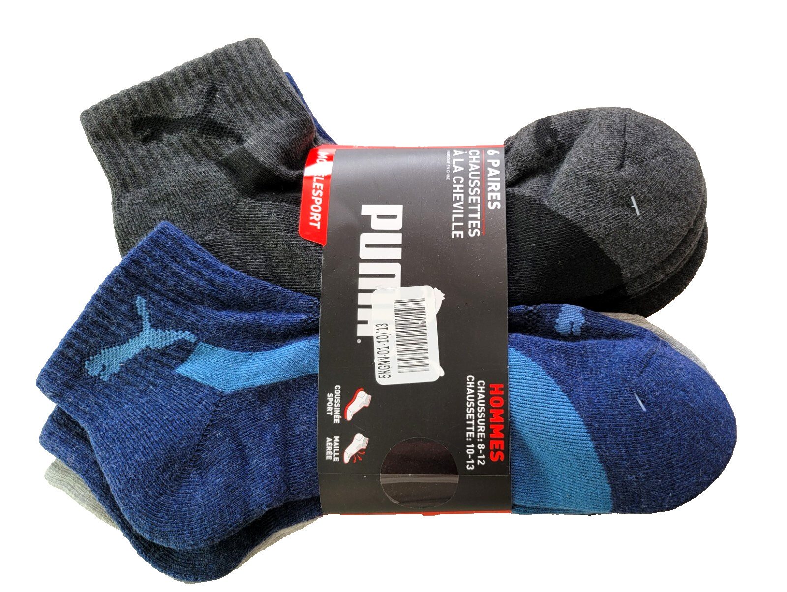 Puma Men’s Quarter Crew Socks 6 Pack L Blue Black Gray Half Terry Sport Cushion