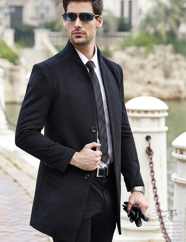 Men’s Wool Blend Mid Length Jacket Formal Stand Collar Slim Trench Coat Oversize
