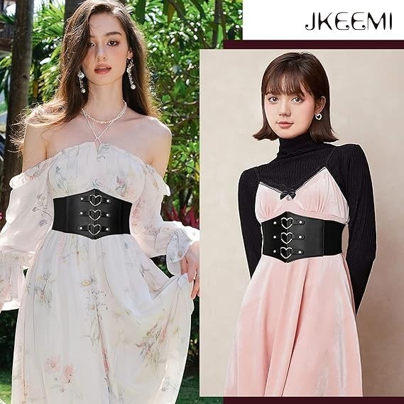 “Black Corset Belt for Women Plus Size Wide Elastic Rivet Heart-Ring Belt for Dr