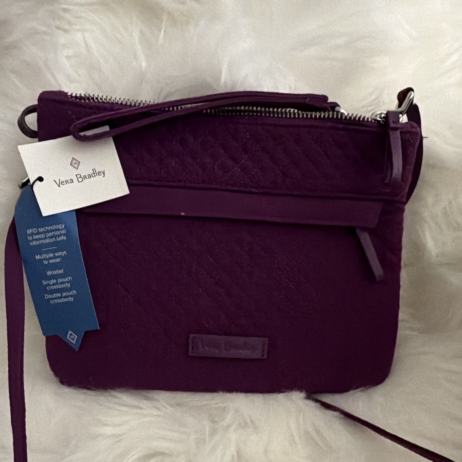 Vera Bradley RFID Floral Purple Zip Crossbody Bag, Detachable Strap