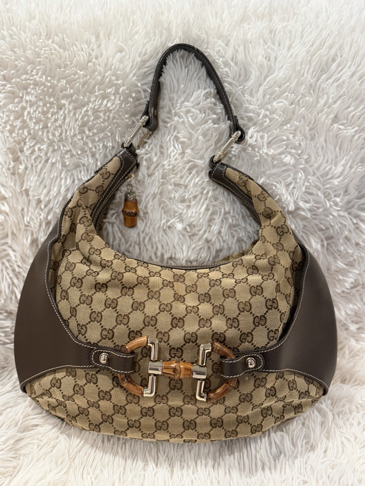 Vintage Gucci GG Monogram Bamboo Amalfi Brown Medium hobo Shoulder Bag