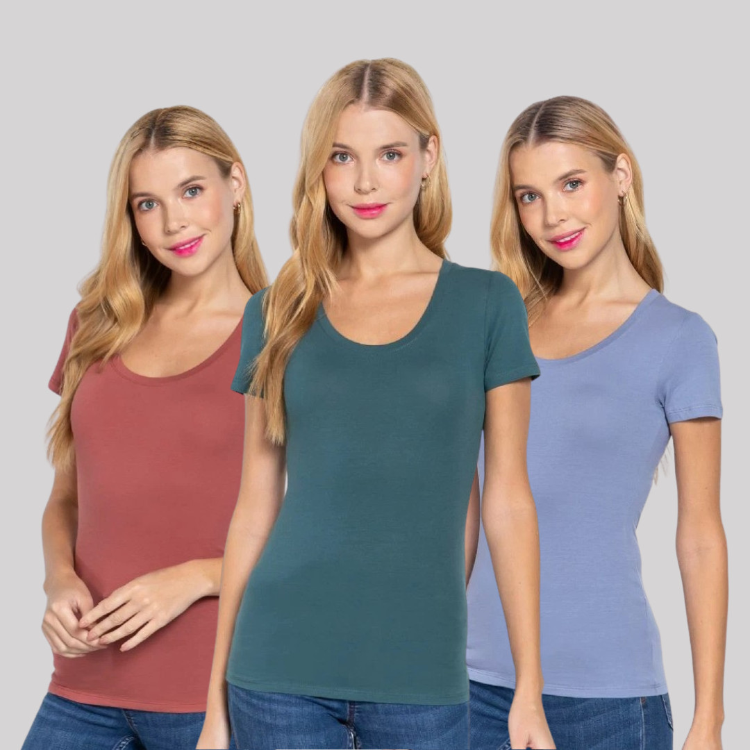 Round Scoop Neck Short Sleeve Basic Top Soft Stretch Cotton Fitted T-Shirt Tee