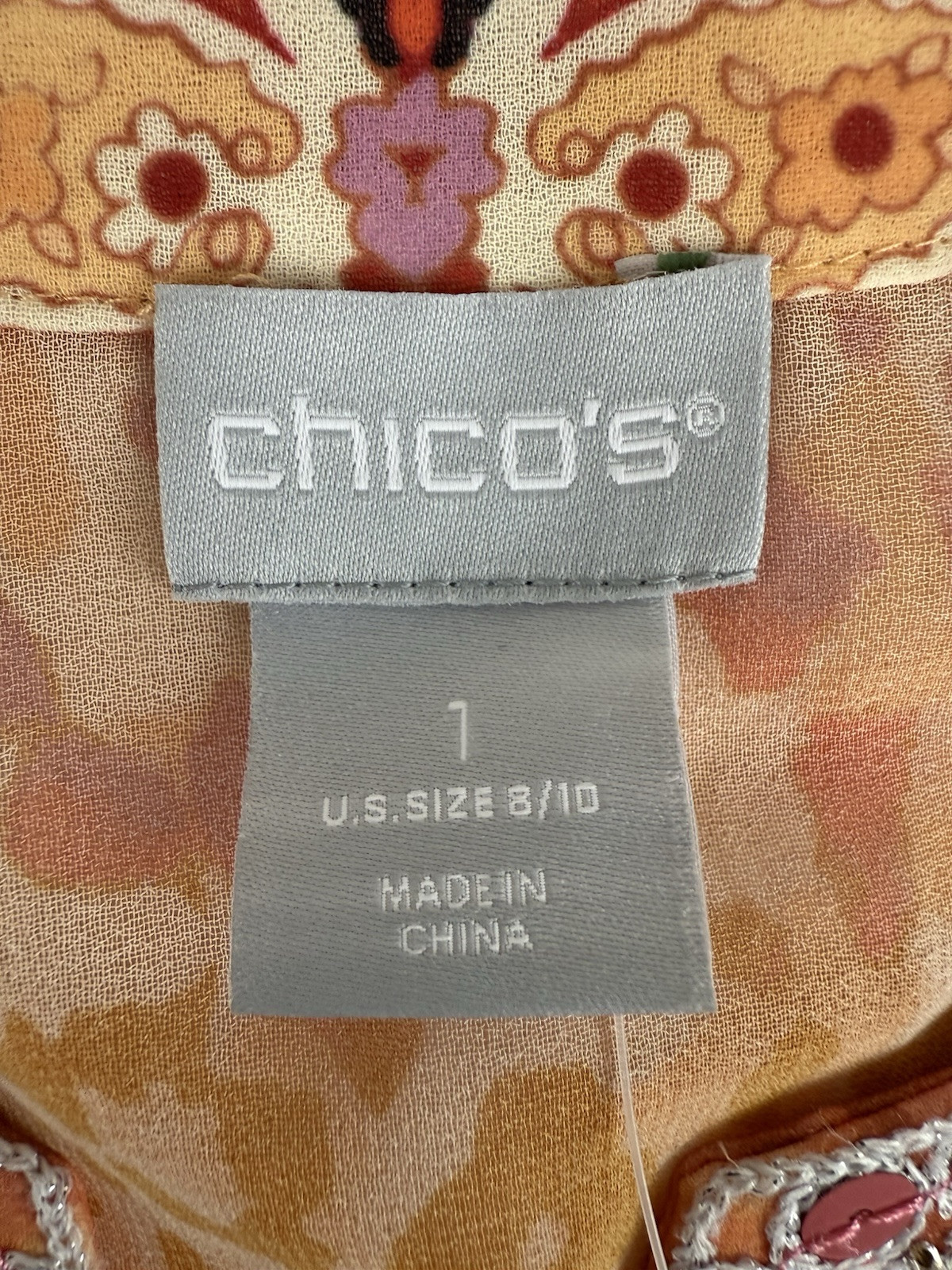 Chico’s Embellished Neckline Tunic Top Womens Sz M Tribal Beaded Sheer Boho NWT