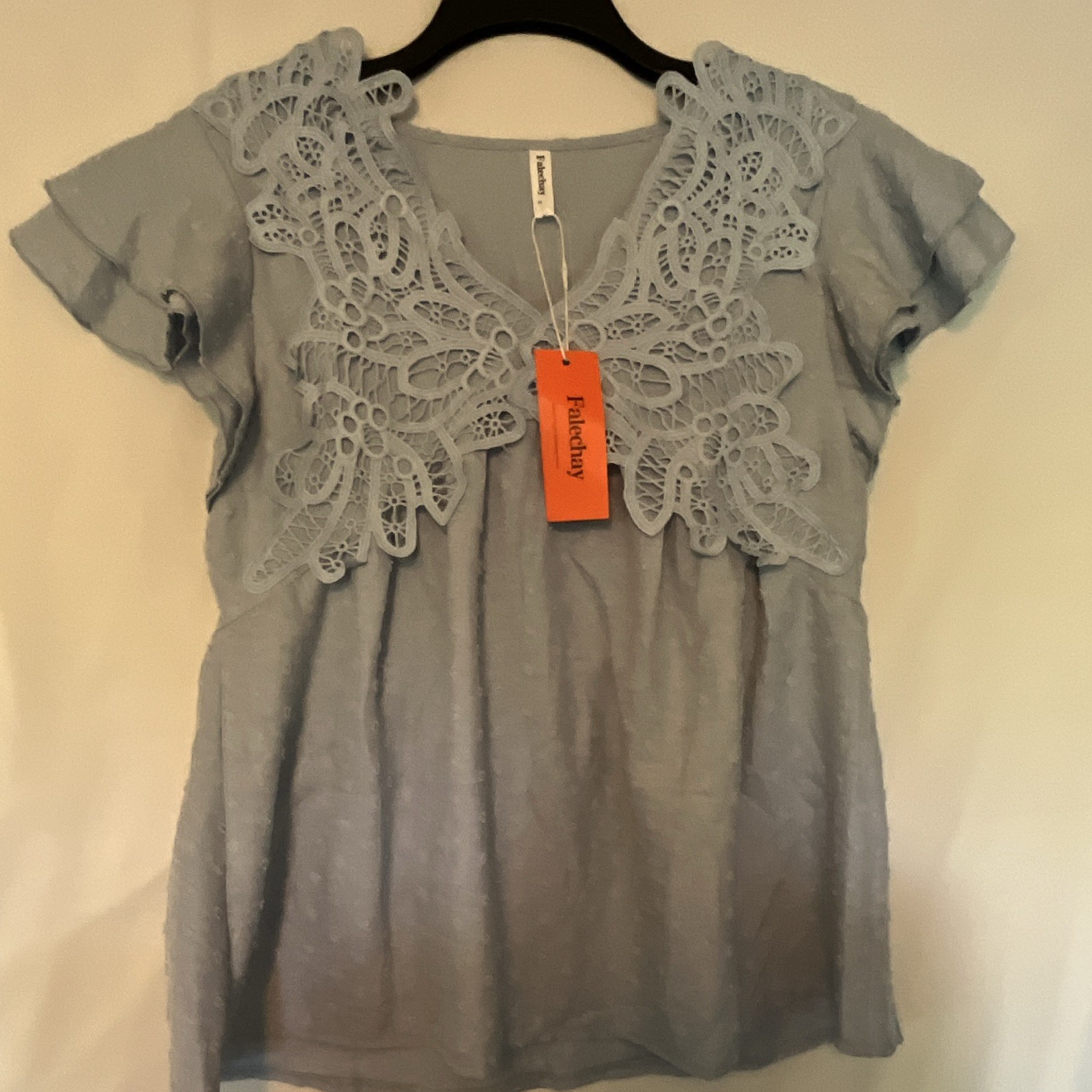 Falechay Blue Solid Lace V-Neck Pullover Short Ruffle Sleeve Blouse S