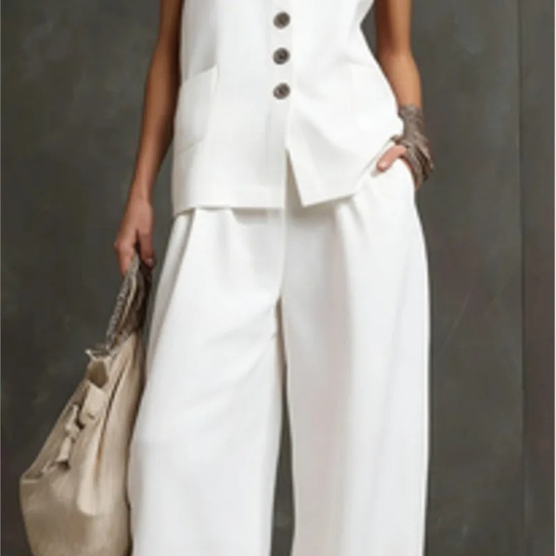Women Solid Buttons Vest + Pocket Wide-leg Pants Suit Women Casual Two Piece Set