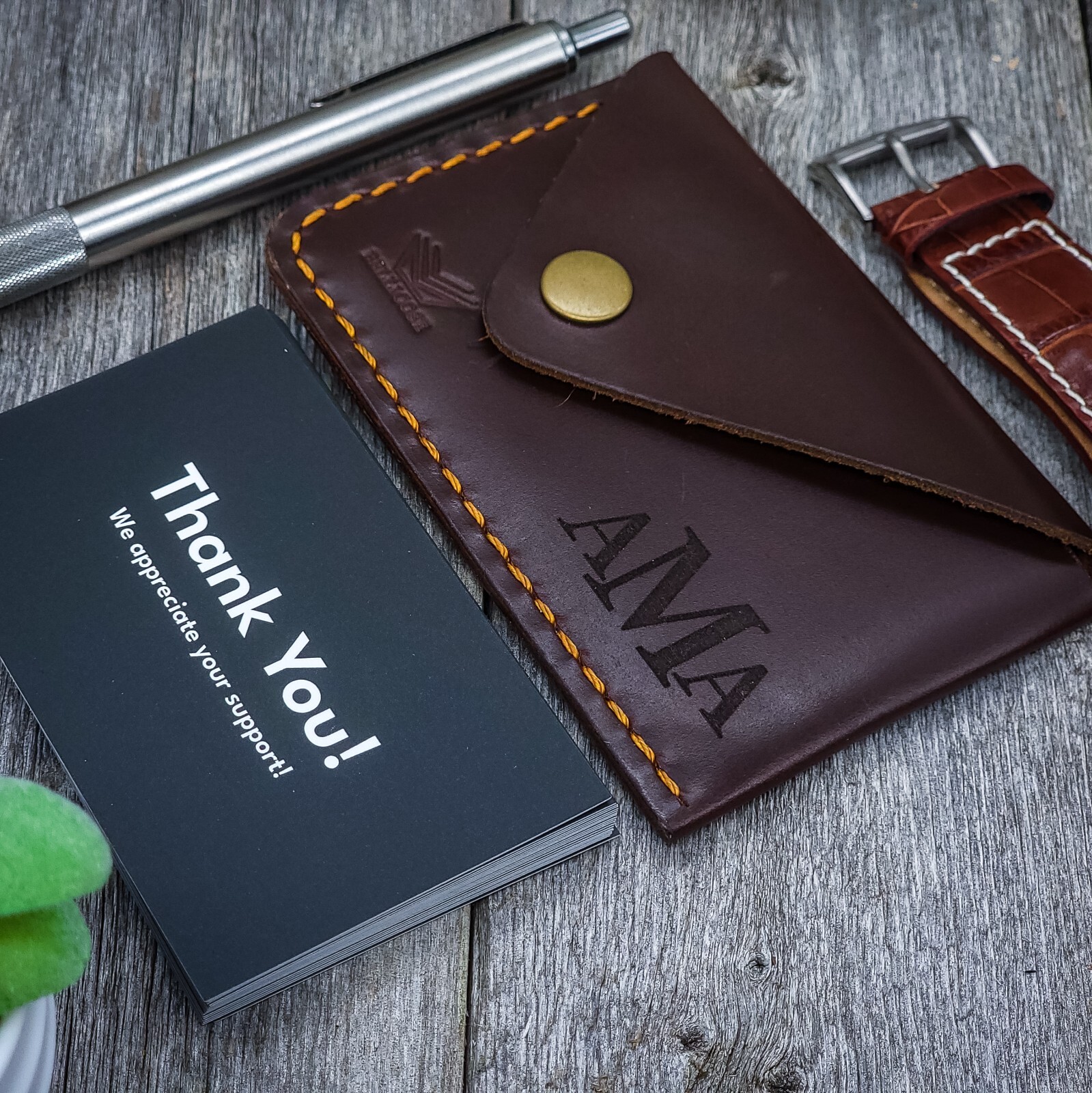Leather Business Card Holder, Front Pocket Leather Card Holder, Holds 20 Cards