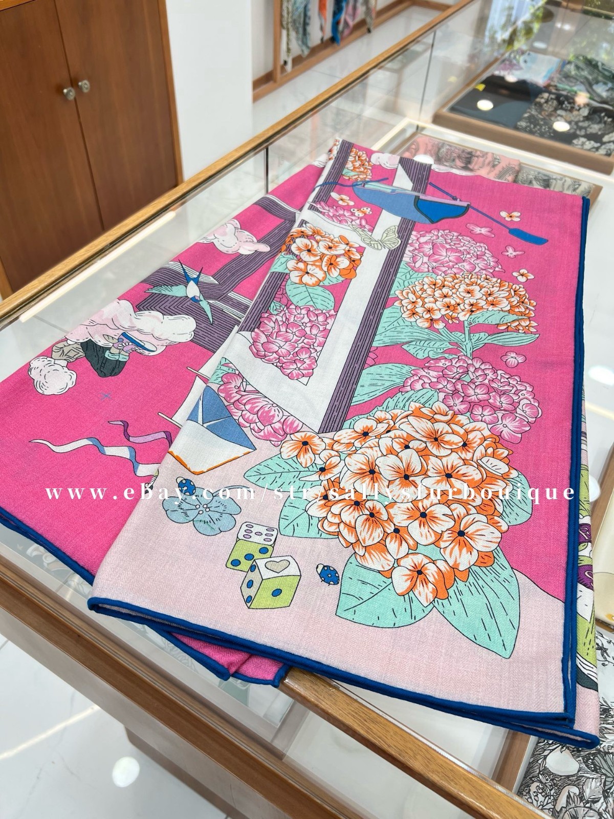 Sallys 70% Cashmere & 30% Silk Wrap Scarf Boat Print Double Face Shawl 53″ Pink