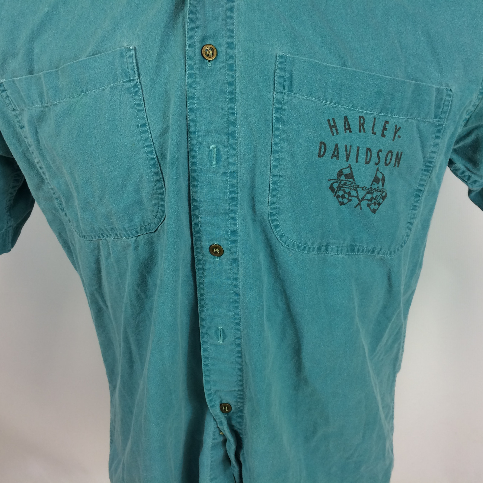 Vintage 80s 90s Harley Davidson Motorcycle Racing Button Shirt Surf Teal M